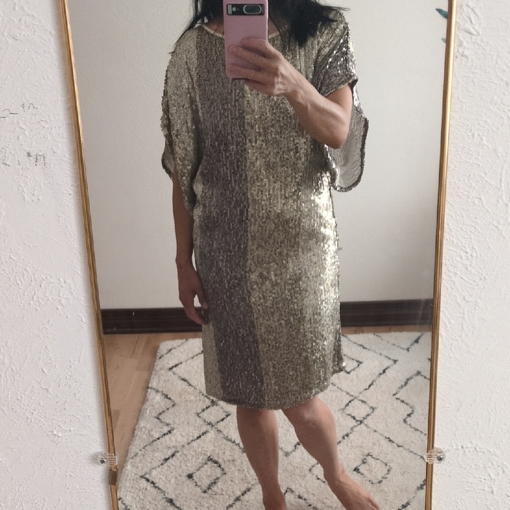 Anthropologie Gold Sequin Sheath Dress Cocktail